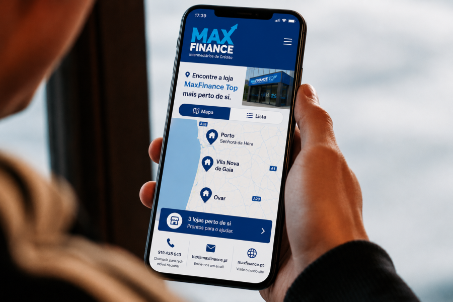 Mapa das lojas da MaxFinance Top apresentado num smartphone