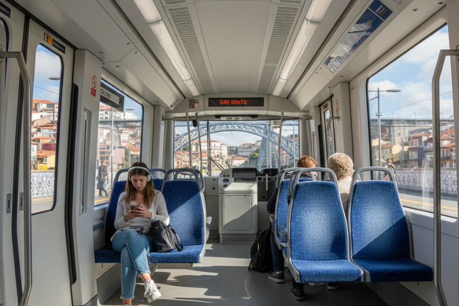Composição moderna do Metro do Porto em circulação numa estação de superfície, destacando o design amarelo e preto do Eurotram sob luz natural.