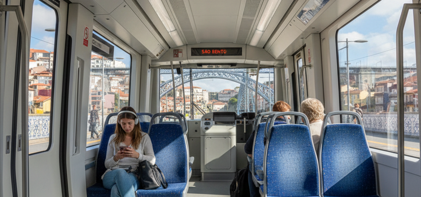 Composição moderna do Metro do Porto em circulação numa estação de superfície, destacando o design amarelo e preto do Eurotram sob luz natural.